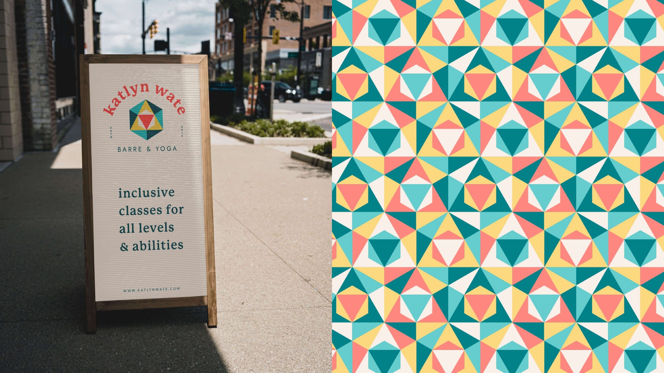 Katlyn-Wate-Pattern-and-Sandwhichboard-Mockup-Nadia-Soucek-Design Mockup of a sandwhichboard advertising Katlyn's inclusive barre and yoga classe. Half of the image is of a custom pattern made up of triangles that tesselate.